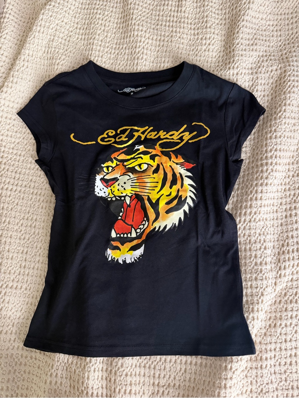 Ed Hardy Black Tee with Yellow & Orange Tiger Graphic